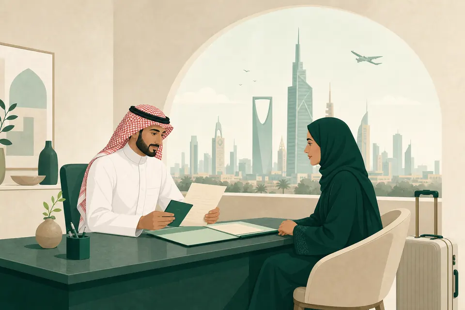 رسم توضيحي لمراجعة ملف سفر مع عميلة سعودية، بهوية متجول