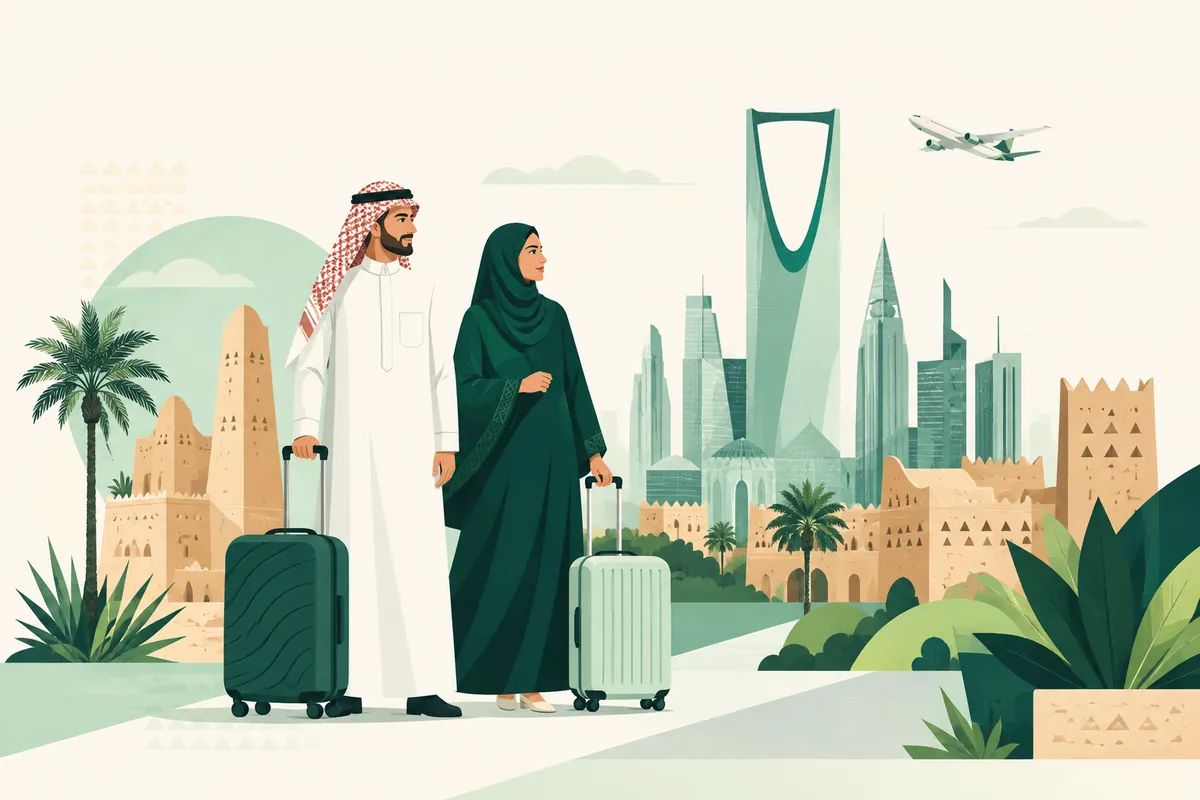 مسافران بالزي السعودي مع حقائب سفر ومعالم الرياض وطائرة، رسم بهوية متجول